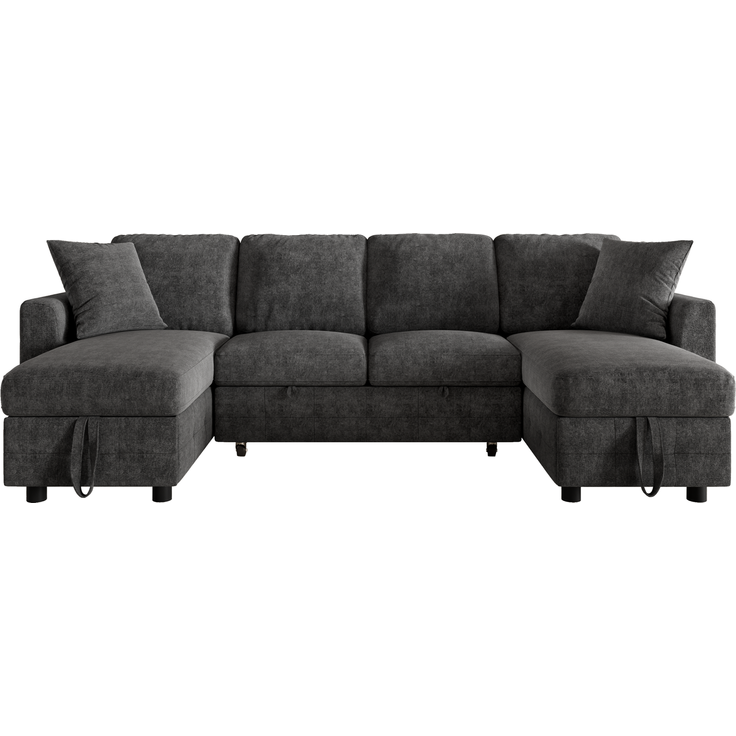 Merax U-Form Chenille Sofa mit Schlaffunktion, Schlafsofa mit 2 Stauraum-Chaiselongues, ausziehbares Schlafsofa mit 1× USB & 1× Type-C Ladeanschluss, mit 2 Kissen, Grau, 260×128×82 cm – Bild 10