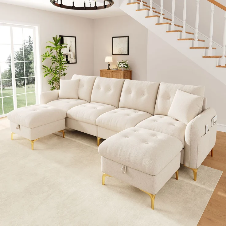 ZUBALIYA SchlafSofa mit Stauraum, mit Chenille - Bezug, mit Samtbezug, mit Knopfheftung, mit breiten Armlehnen, Beige – Bild 6