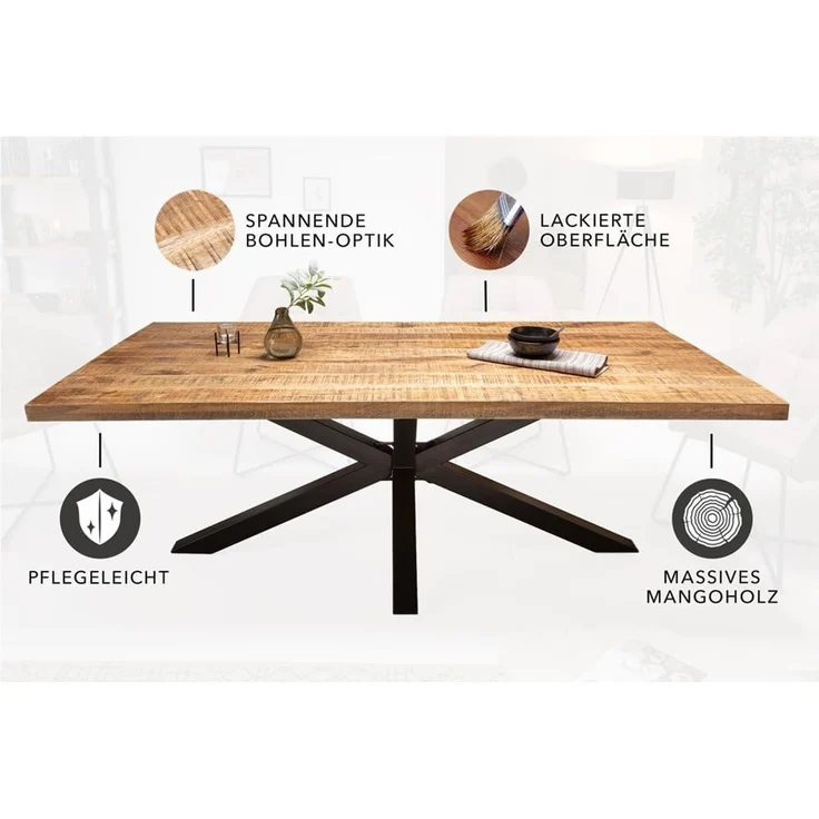 riess-ambiente Esstisch GALAXIE 180cm natur / schwarz · bis 8 Personen, Massivholz · Sternen-Gestell · Industrial · Mangoholz – Bild 3