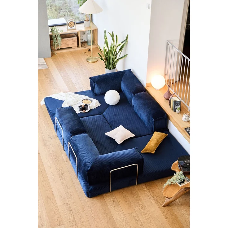 Ecksofa mit Schlaffunktion, Marineblau, 300 cm | Bezug aus 100% geripptem Plüsch, Abnehmbarer Bezug, 4 Kissen inklusive | Pfotenfreundlich & rutschfest – Bild 5