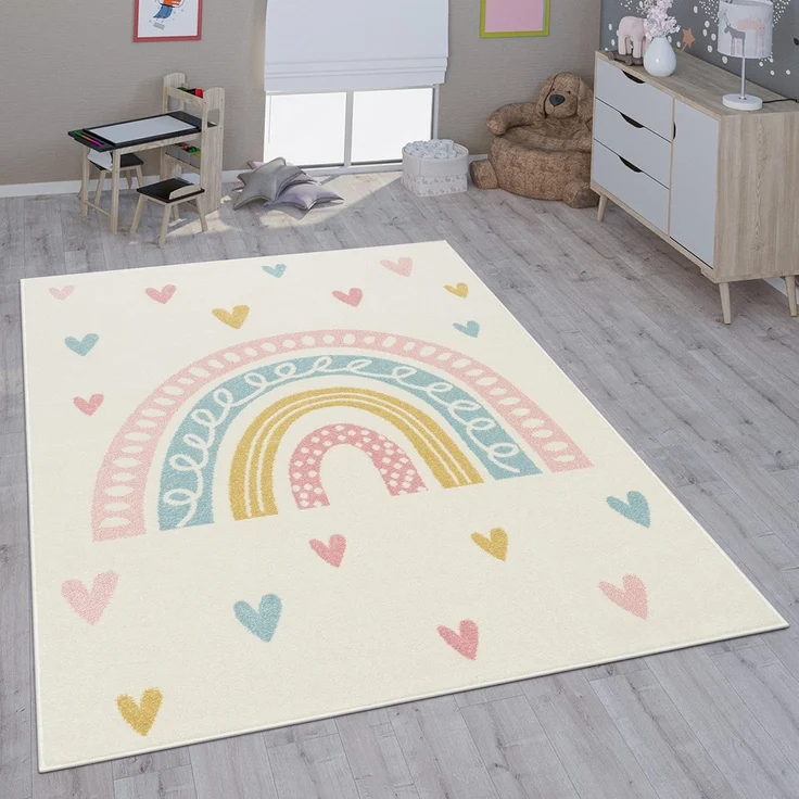 Paco Home Kinderteppich Nino 887, rechteckig, Höhe: 13 mm, Kurzflor, Spielteppich, Motiv Regenbogen & Herzen, Kinderzimmer – Bild 1