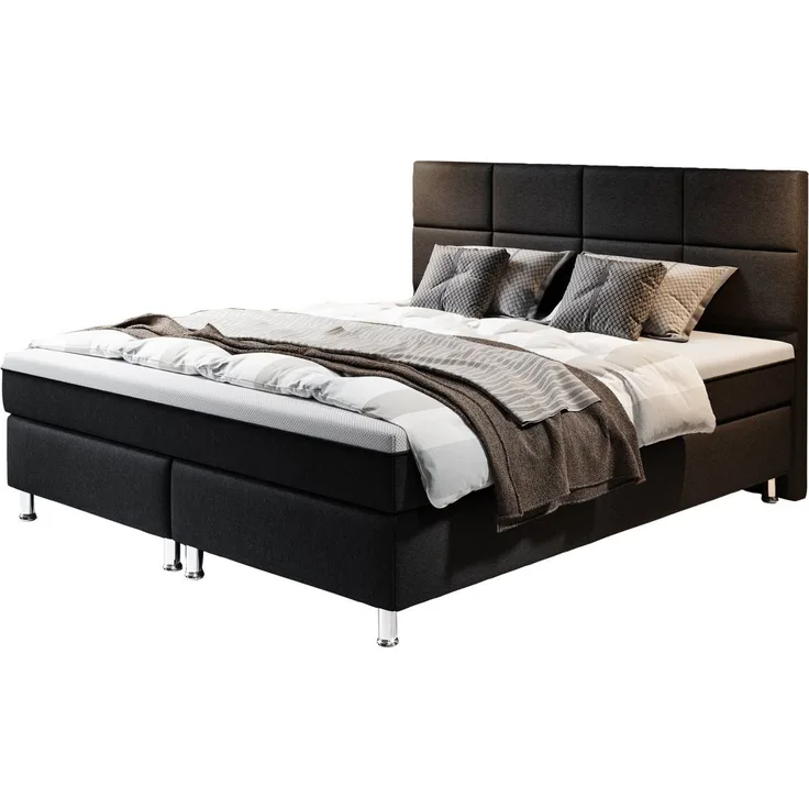 inter Boxspringbett Rotterdam Plus 180 x200 cm 7 Zonen Taschenfederkernmatratzen (180x200 cm, Schwarz mit 7 Zonen Taschenfederkernmatratzen und Topper-Optik), Taschenfederkern-Komfort, gepolstertes Kopfteil, inklusive Matratzen