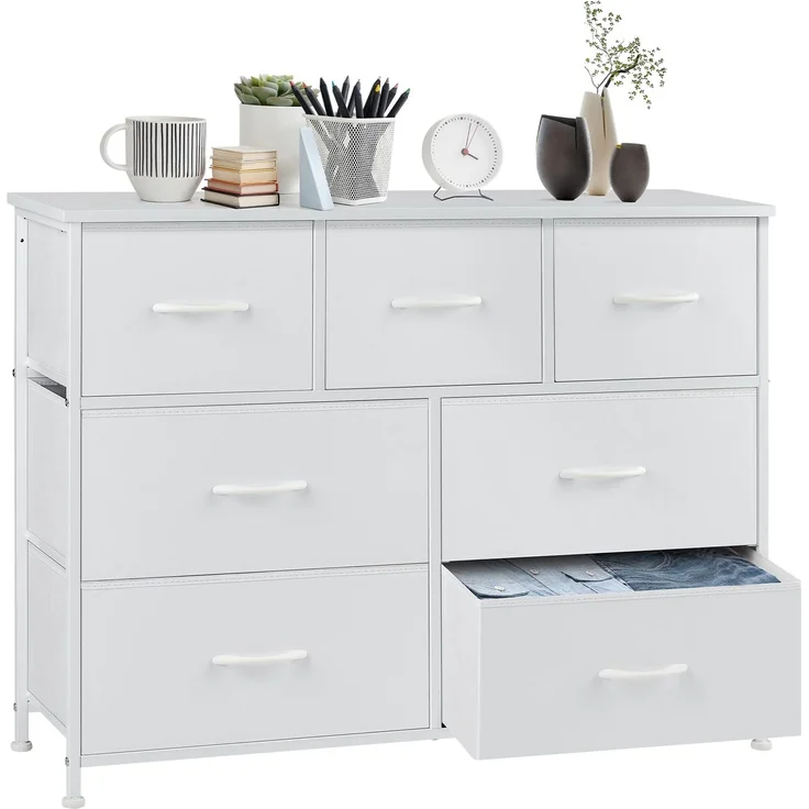 Sweetcrispy Kommode,Sideboard Wohnzimmer für Schlafzimmer mit 7 Stoffschubladen,Einstellbare Füße Schubladenschrank,Weiß