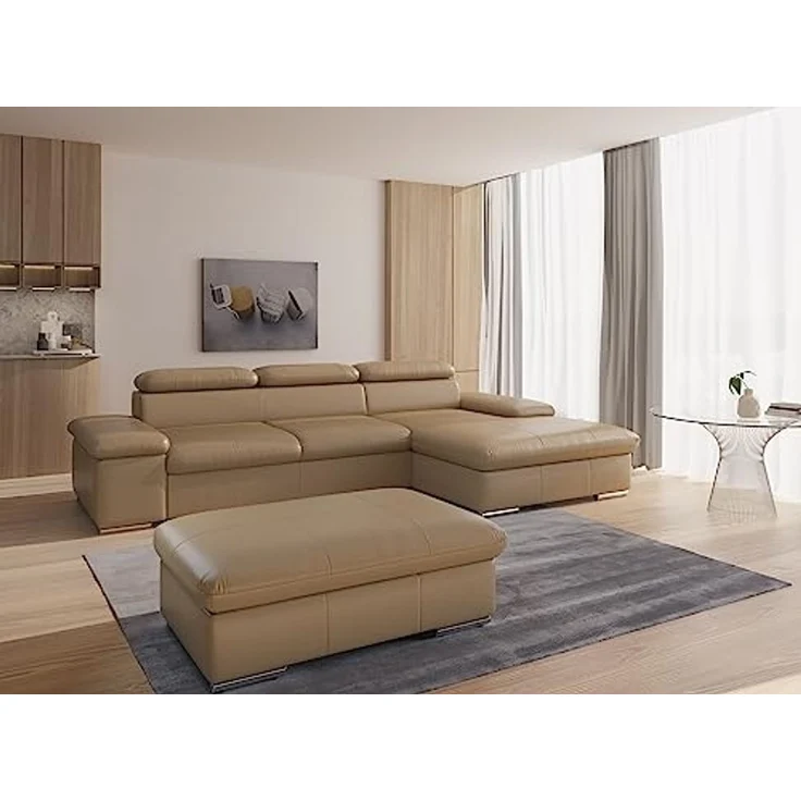CAVADORE Leder-Schlafsofa Valerie mit XL-Longchair / Eckcouch mit Schlaffunktion, Kopfteilverstellung + großem Longchair / 286 x 73 x 174 / Echtleder Beige – Bild 2