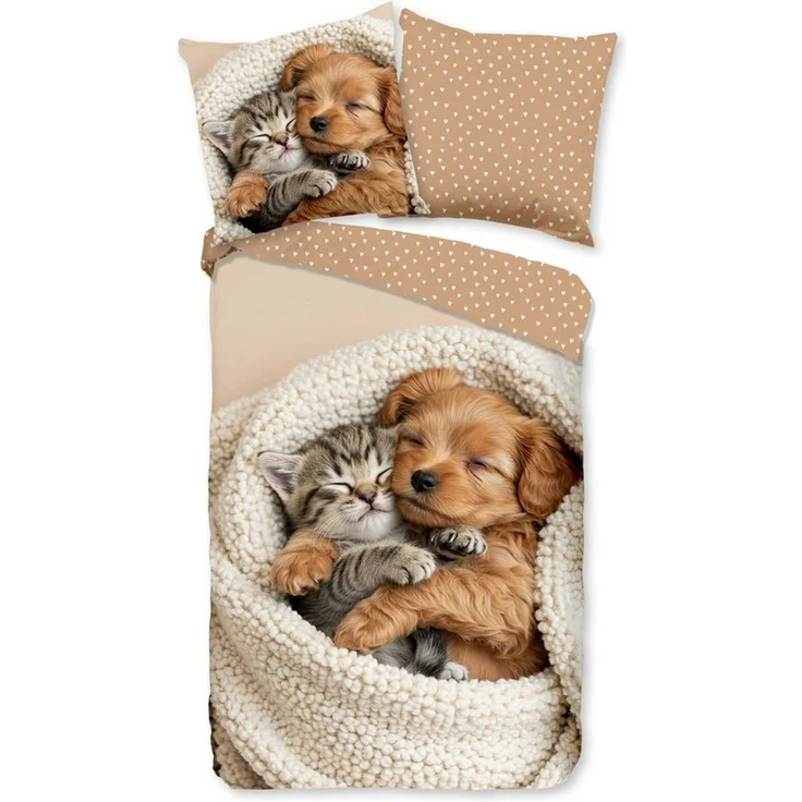 good morning Bettwäsche Comfort Baumwolle, Flanell, 2 teilig, Hund und Katze, sand, Wendebettwäsche – Bild 1