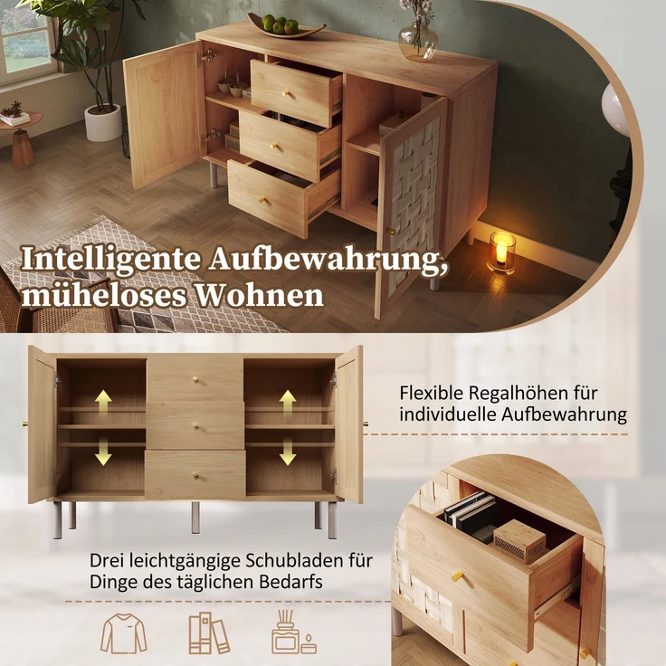 Merax Sideboard, Landhaus-Kommode 120x40x75 cm, eichefarben, mit 2 Türen, 3 Schubladen, höhenverstellbare Einlegeböden, Metallbeine, Kippsicherung – Bild 5