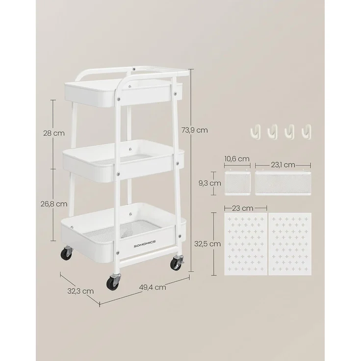 SONGMICS Rollwagen, Küchenwagen, 3 Metallgitterablagen, Servierwagen, 2 abnehmbare Lochplatten, 2 Hängekörbe, 4 Haken, für Büro, Küche, Wohnzimmer, Badezimmer – Bild 6