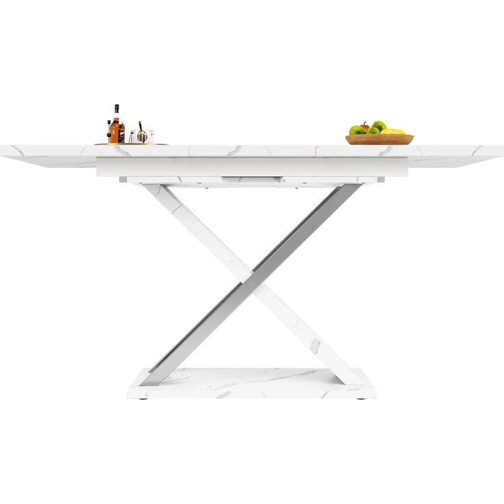 Teleskop-Esstisch 118–157 cm mit Marmormuster MDF-Platte, robustes Kreuzbein-Design, Metall-Teleskopstange, 76.4cmx118-157cmx75cm – Bild 7