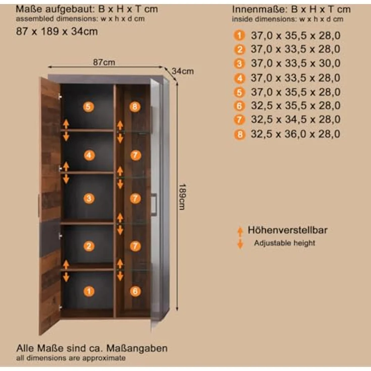 trendteam smart living - Indy - Kommode - Grau/Eiche - Highboard-Schrank mit 2 Türen, 4 Glasböden, 1 Konstruktionsboden und 3 Einlegeböden - (BxHxT) 87 x 189 x 34 cm - antikfarbene Griffe – Bild 4