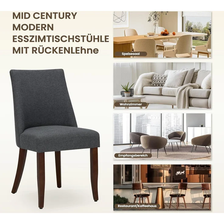 COLAMY Esszimmerstühle 4er Set, Moderne Küchenstuhl Polsterstuhl Stühle mit Rückenlehne, Stoff Dining Chairs mit Holzbeinen für Esszimmer, Küche, Restaurant mit Holzbeinen, Dunkelgrau – Bild 7