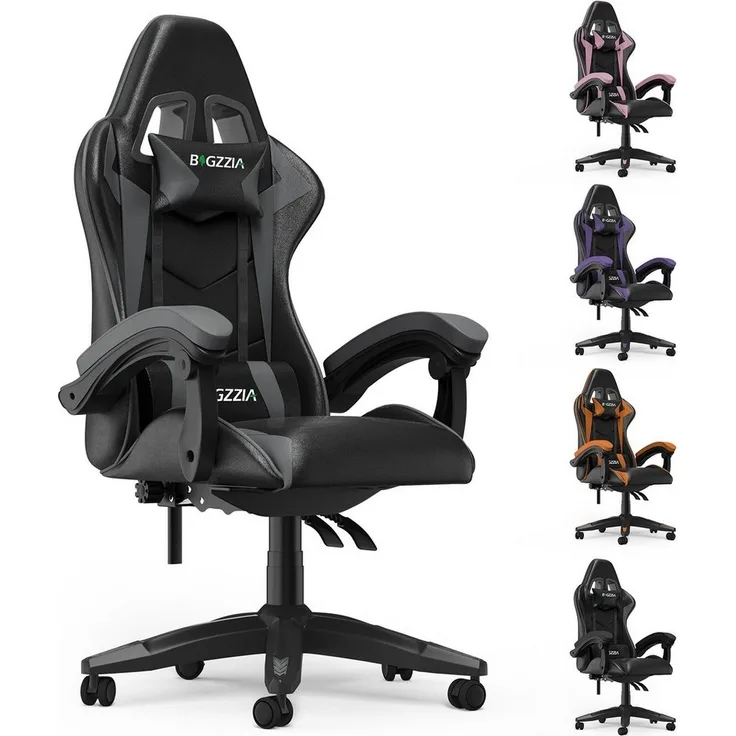 BIGZZIA Gaming-Stuhl Bürostuhl Ergonomisch mit Lendenkissen + Kopfstütze, Ergonomischer Bürostuhl höhenverstellbar