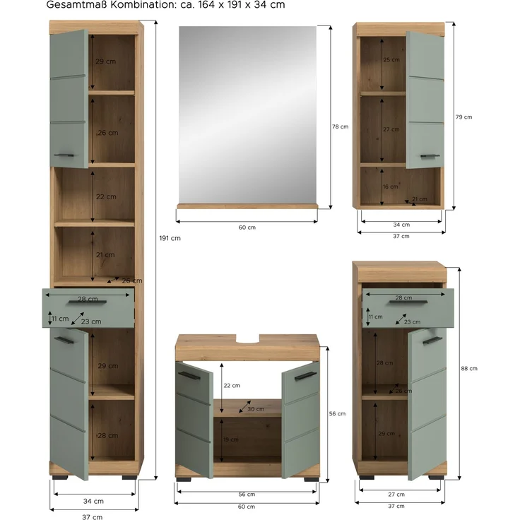 Xonox Scout Badkombination (B/H/T: 164x191x34 cm) in Salbei und Artisan Eiche Nachbildung – Bild 4