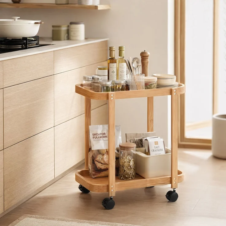 MELAYR, 2-stufiger Küchenwagen aus Bambus, zusätzlicher Küchenwagen mit Rollen, 2 Ablagen, 54 x 36,5 x 60 cm, Naturholz – Bild 4