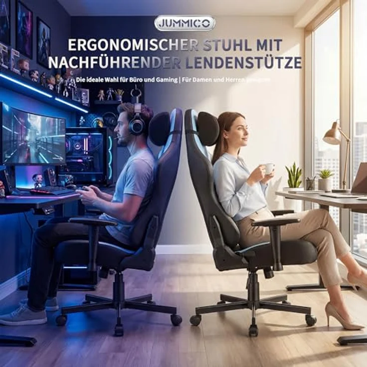 JUMMICO Gaming-Stuhl mit Verstellbarer Lendenwirbelstütze & 2D-Armlehnen, 90-140° Neigbar, Ergonomischer Computerstuhl aus Kunstleder, Atmungsaktiver Bürostuhl für Gamer & Büro, 150 kg, Blau – Bild 3