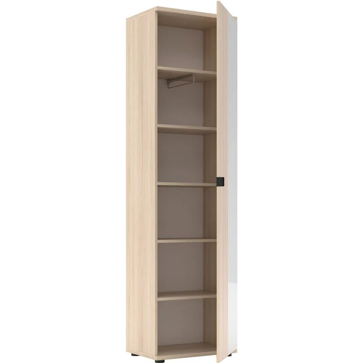 PISA Garderobenschrank mit ausziehbarer Kleiderstange in Basalt matt mit Leistenoptik Riva Eiche – FSC-Zertifiziert – Moderner Flurschrank mit 5 Fachböden – 55 x 202 x 38 cm (B/H/T) – Bild 3