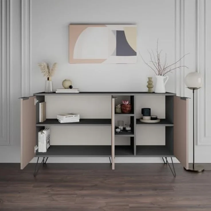 Calicosy Sideboard, Taupe, 142 cm, Holzwerkstoff mit FSC-Zertifikat, Wandmontagefähig, Metallfüße – Bild 4