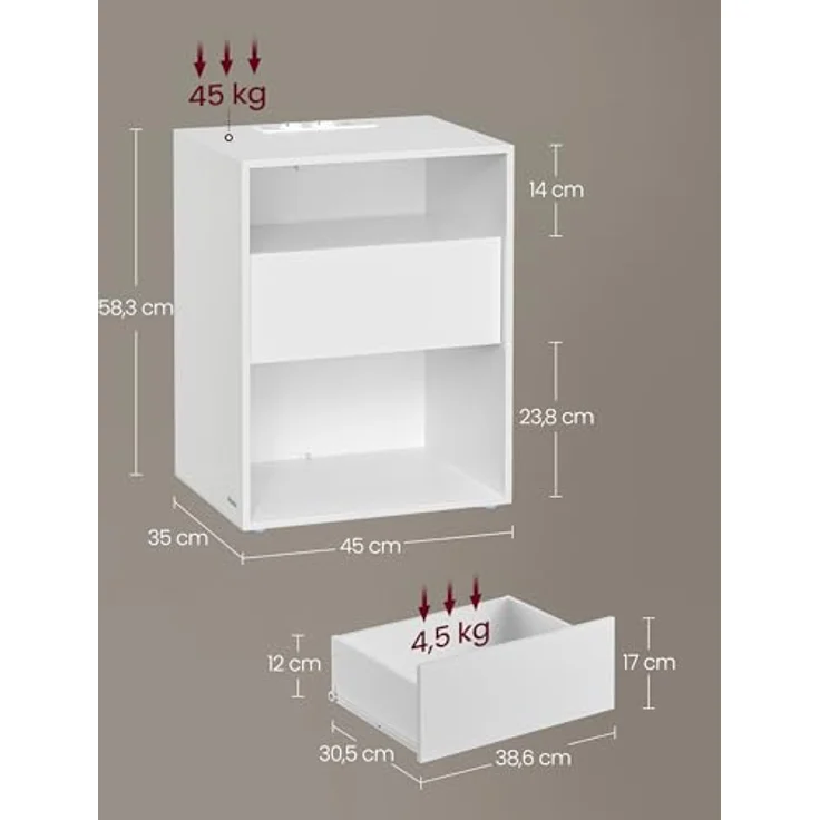Vasagle Toolless-Technologie, superschnelle werkzeuglose Montage, Nachttisch, Beistelltisch mit Ladefunktion, Nachtschrank mit Schublade, modern, Schlafzimmer, Wohnzimmer, mattweiß LETDE777W04 – Bild 3
