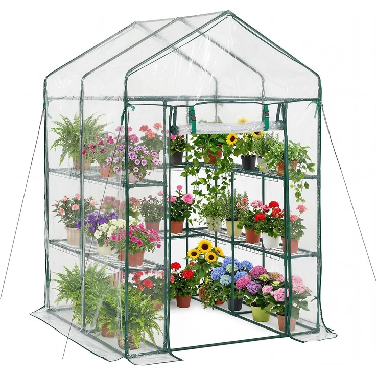 VEVOR Gewächshaus 137 x 137 x 196 cm, Foliengewächshaus, Tomatenhaus, Tomatengewächshaus mit PVC-Abdeckung, 2 Ebenen, 10 Regalböden, Aufrollbarer Reißverschlusstür, Treibhaus für Außenbereich