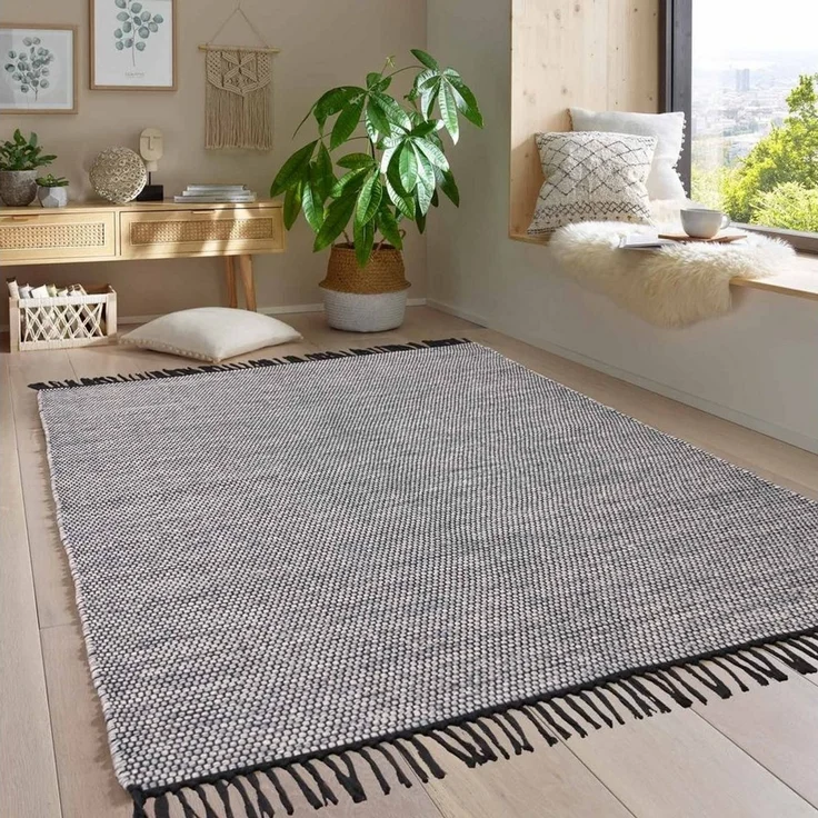TaraCarpet Wollteppich Handwebteppich Borkum 100% Baumwolle, rechteckig, Höhe: 5 mm, gewebt Baumwolle grau nachhaltig modern Wohnzimmer Küche 080x150 cm – Bild 1