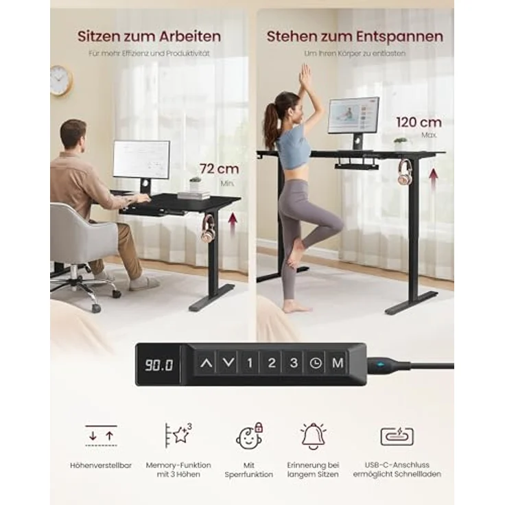 VASAGLE Höhenverstellbarer Schreibtisch, 160x80 cm, USB-C-Anschluss, Ablage für Steckdosenleiste, Stehtisch, Erinnerung bei langem Sitzen, 3 Speichertasten, für Büro, tintenschwarz LSD146BZ02 – Bild 7