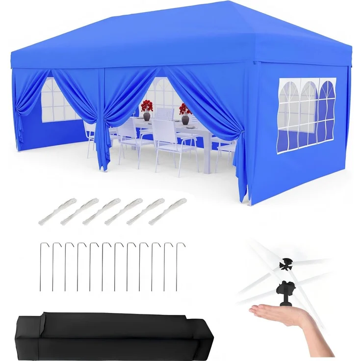 Faltpavillon 3x6 m wasserdicht stabil mit 6 Seitenwänden – Pop up Pavillon faltbar aus 420D Oxford, UV-Schutz 50+, 3-Fach höhenverstellbar, Partyzelt mit Tragetasche für Garten & Outdoor Blau