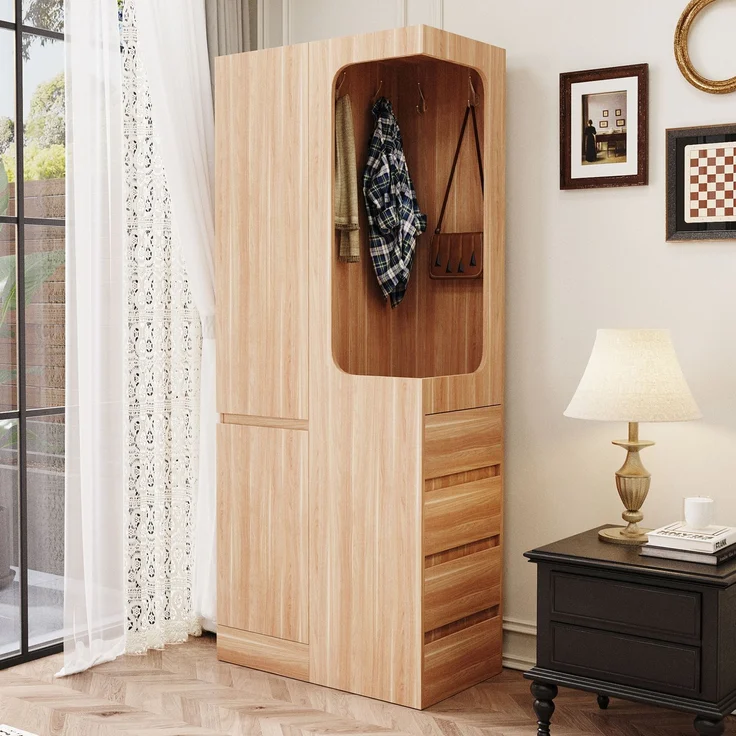 CHICFURN Kleiderschrank 70x170x40 cm aus Holz mit 4 Schubladen und offenem Hängefach Naturholz – Bild 3