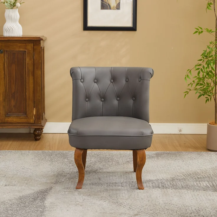 Echtleder Sessel, Loungesessel Wohnzimmer,Kautschukholz Massivholz, Einzelstuhl,Pull-Point Knöpfe, Esszimmerstuhl,bis 150 kg,Grau – Bild 3