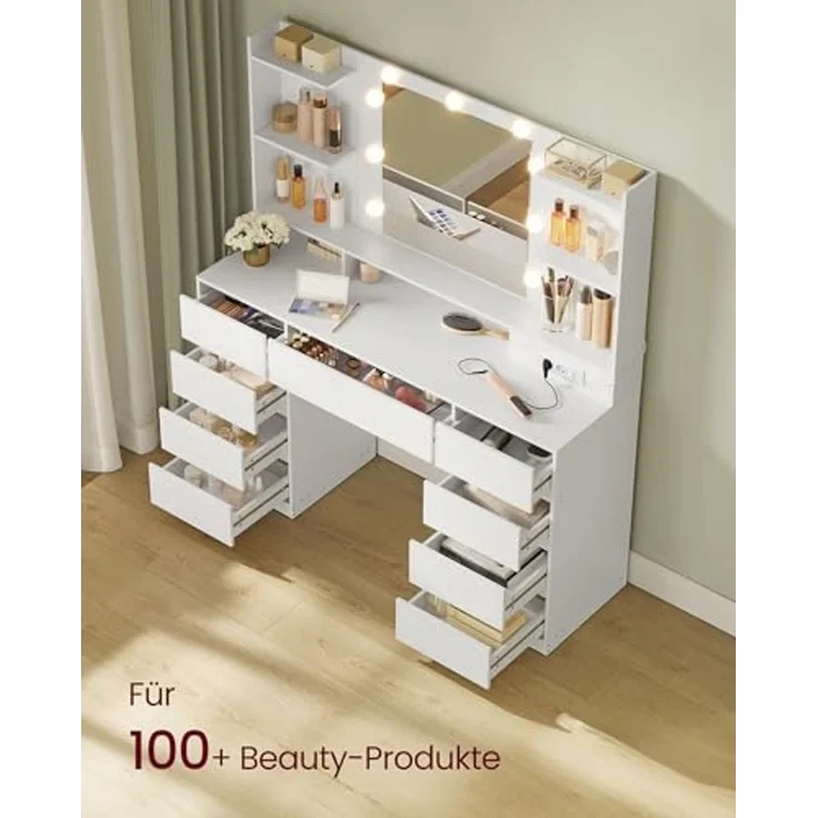 VASAGLE Kailyn Kollektion - Schminktisch mit Spiegel und LED-Leuchten, Hocker, Steckdosenleiste, 9 Schubladen, 9 dimmbare Glühbirnen, 3 Lichtfarben, werkzeuglose Gleitschienen, wolkenweiß – Bild 4