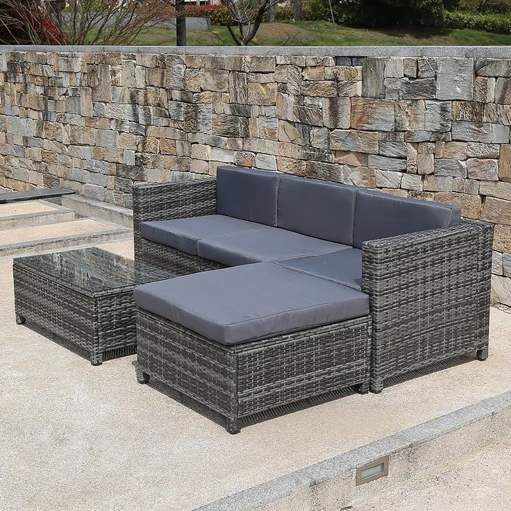 Polyrattan Lounge Gartensofa Set Hocker Tisch Sitzgruppe Grau Rattanmöbel Liege – Bild 9