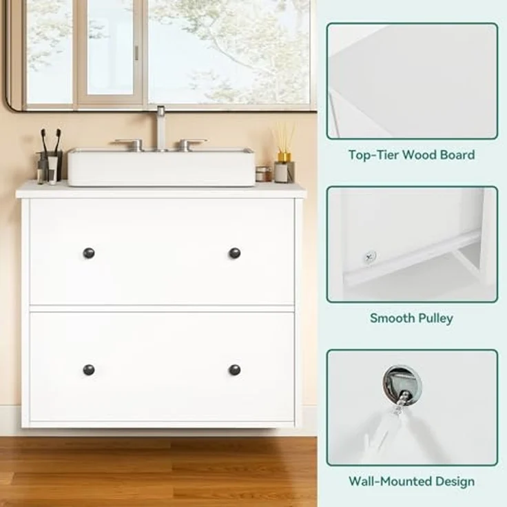 YITAHOME Waschbeckenunterschrank mit schubladen, Badezimmerschrank, 2 große Schubladen, 60 x 30 x 50 cm, badunterschrank wandmontage Weiss – Bild 6
