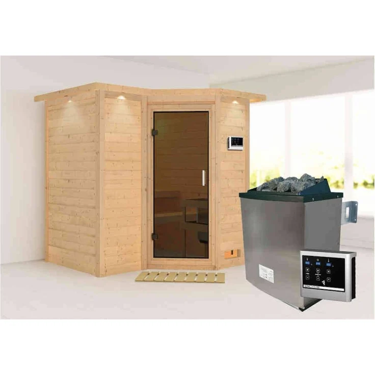 Karibu Sauna Sahib 1 mit Dachkranz + 9kW Saunaofen mit ext. Steuerung Easy Klarglas Ganzglastür – Bild 6