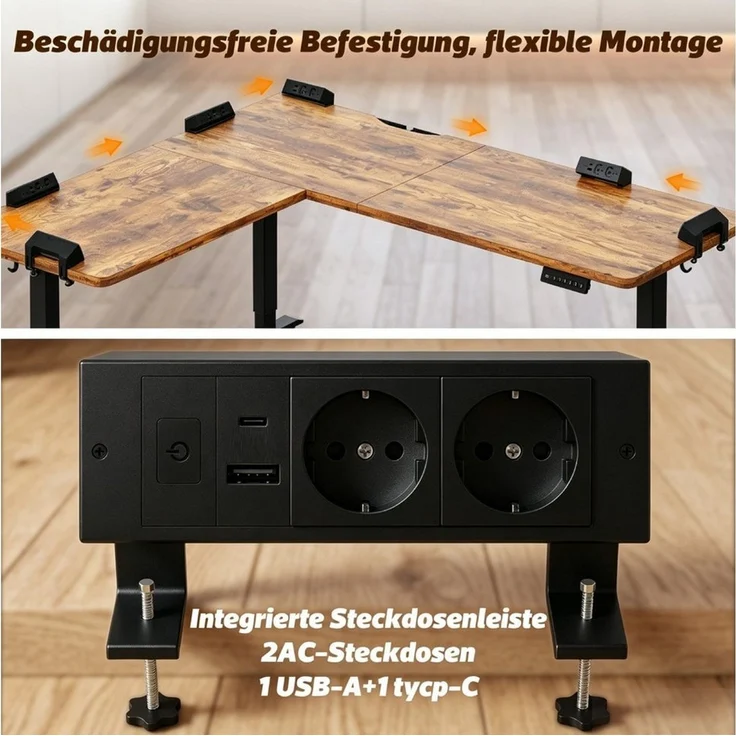 HOMALL Schreibtisch 20 mm starker EckSchreibtisch, L-förm höhenverstellbarer Schreibtisch (Maße: 160 × 140 / 190 × 155, 20 mm dicke Tischplatte, Tragkraft bis zu 100 kg, mit beweglicher Steckdose, in 3 Stufen höhenverstellbar) – Bild 3