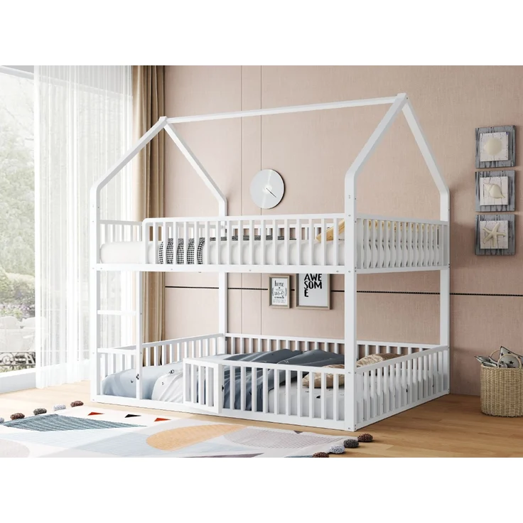 Kinder-Etagenbett 140*200, Metall-Doppelbett, Kinder-Familienbett, Etagenbett mit Treppe, Loft-Design, Unteres Bett mit kleiner Tür zum Öffnen und Schließen, Weiß – Bild 5