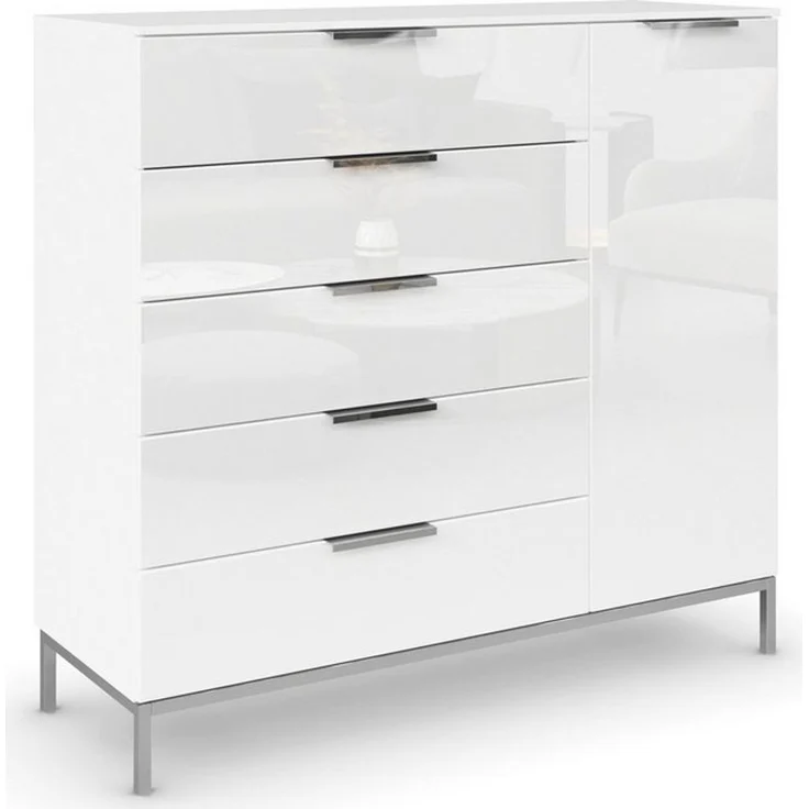 Rauch Möbel Flipp, Kommode mit Stauraum für Wohnzimmer, Schlafzimmer, Flur, 2 Fachböden, mit Metallkufe chrom, Alpinweiß/Glasfront Weiß, 1-türig, 5 Schubkästen, Griffe chrom, 120 x 111 x 42 cm – Bild 4