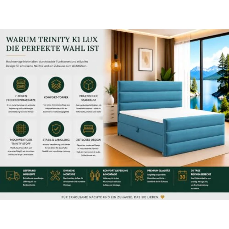 Best for Home Trinity K-1 LUX Boxspringbett, Modernes Boxspringbett mit Stauraum, 7-Zonen-Bonnell-Federkernmatratze, PUR-Schaum-Topper, verschiedene Größen erhältlich – Bild 6
