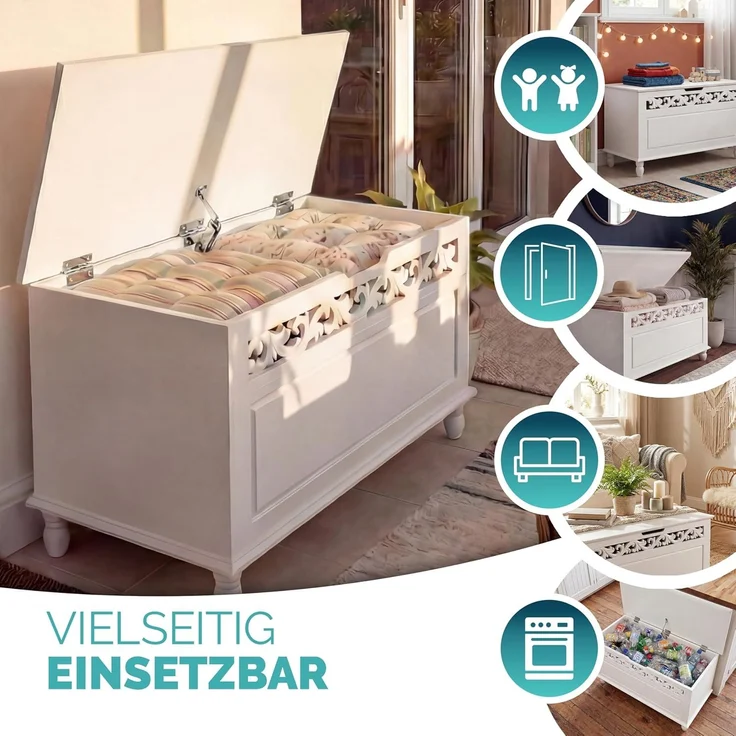 Deuba Holztruhe Jersey Mit Stauraum Klappbarer Deckel 80 x 40 x 48 cm Groß Holz Sitztruhe Truhenbank Couchtisch Truhe Weiß – Bild 7