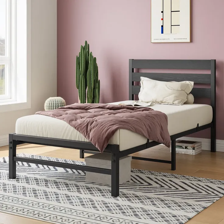 Einzelbett aus Metall mit MDF-Kopfteil, ohne Matratze, 90x200 cm, Schwarz – Bild 2