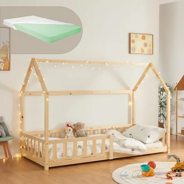 Hausbett Hesel, Kinderbett, Lattenrost und Matratze, Holzoptik, 90x200 cm – Bild 2