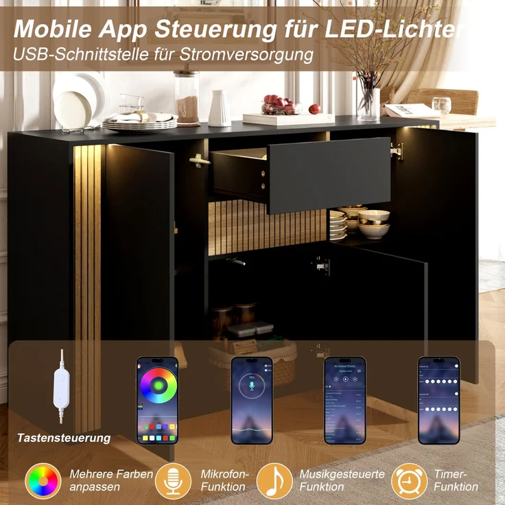 DESVIAE Sideboard Schwarz/Natur aus Spanplatte – 140x82x40 cm – 3 Türen, Schublade, LED-Beleuchtung – Bild 4
