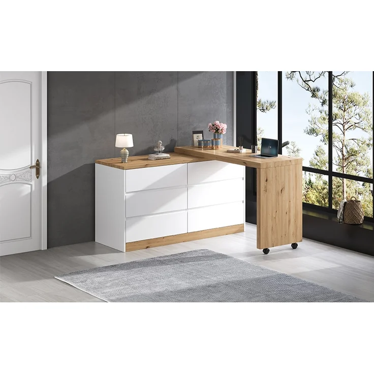 ZUBALIYA Schreibtisch mit feststellbaren Rollen – multifunktionales Design, 4 cm dickere, drehbare Tischplatte, fest arretierbar, weiß/Eiche, Faltbarer Schreibtisch, Eckschreibtisch, Sideboard,Dicke Materialie – Modell N880P4642189O – Bild 21