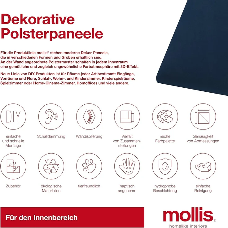 MOLLIS Polsterplatte, Rechteckiges und Dekoratives Wandpaneel, Geeignet als Bettkopfteil oder Aufprallschutz, Reduziert Schall und Verbessert Akustik, aus Schaumstoff, 60 x 30 cm, Marineblau – Bild 7