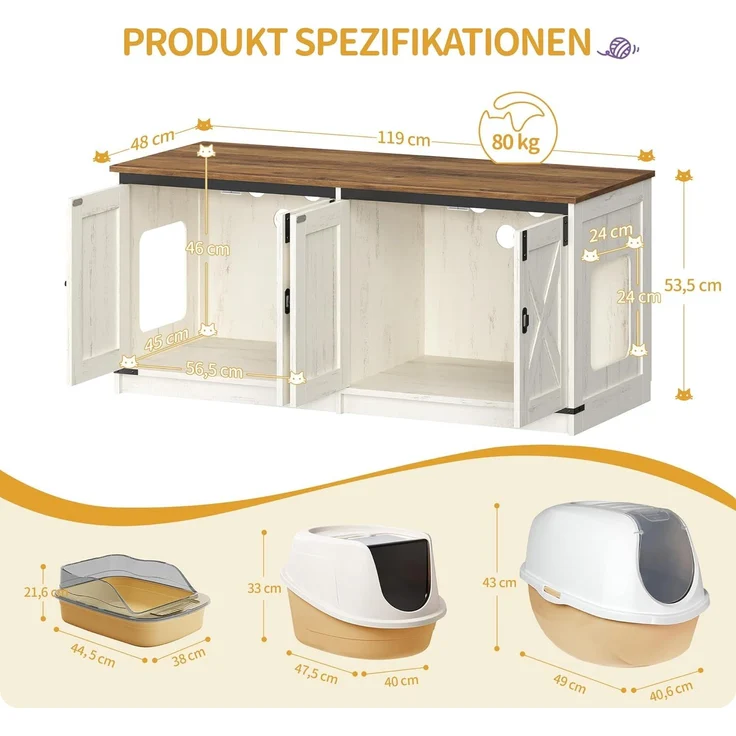 Katzenschrank, Katzenklo Schrank für 2 Katzen, Versteckter Katzentoilettenschrank, Katzenhaus für den Innenbereich, Bauernhausstil, 119 x 48 x 53,5 cm, Braun und Weiß – Bild 8