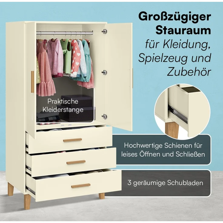 Bellabino 'Liri' Kinderkleiderschrank, beige, Kleiderschrank für Kinderzimmer mit 3 Schubladen und Kleiderstange – Bild 3