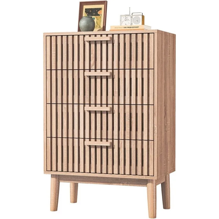 FUROKOY Sideboard Kommode Küchenschrank, Holzbeine (Buffetschrank Hoher Seitenschrank mit 4 Stauraum Schubladen), für Schlafzimmer, Wohnzimmer, Flur, 60 x 34 x 91 cm