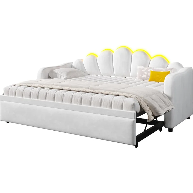 90x200 cm großes Polster-Tagesbett mit Ausziehfunktion und LED-Beleuchtung, Ausziehfunktion flach oder aufgestellt, Weiß