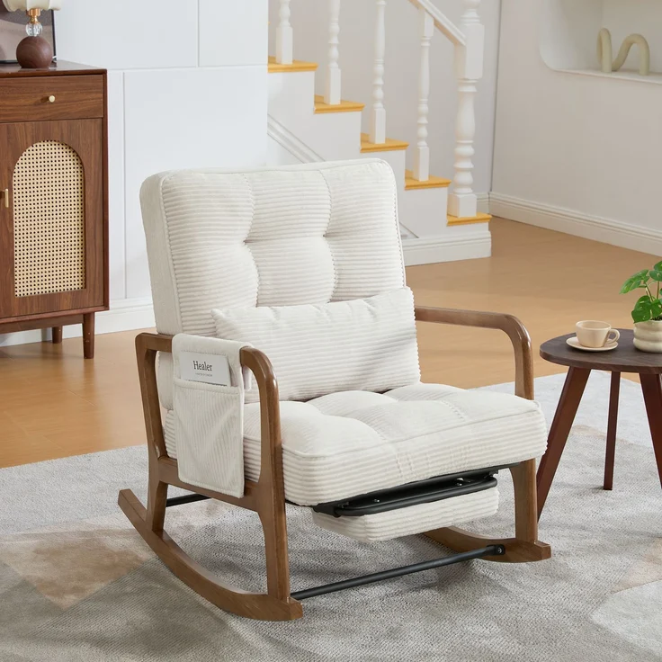 LVHOM Schaukelstuhl mit ausziehbarer Fußstütze, Relaxsessel mit verstellbare Rückenlehne, Loungesessel mit Seitentasche, bis 150 kg belastbar, Beige – Bild 2