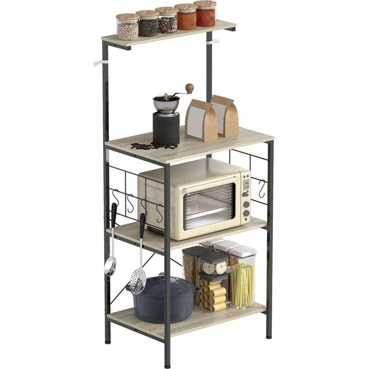 4-stöckiges Küchenregal mit Gitterwänden und 8 Haken im Industrial-Stil, 60 x 42 x 134,5 cm, Eiche