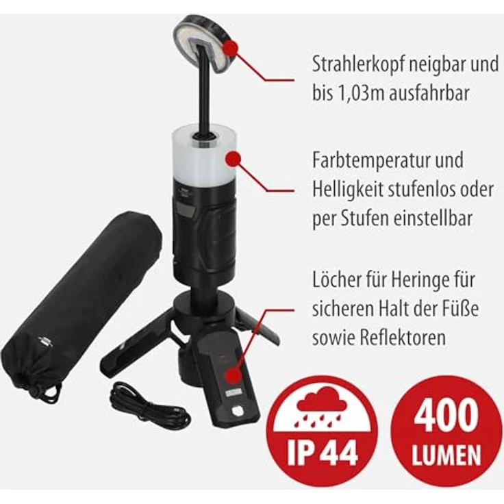 Brennenstuhl Akku LED Outdoor Lampe UL 400 AT, 400lm, IP44, 24h Leuchtdauer, dimmbar, Farbtemperatur einstellbar, Rotlicht, ausziehbar bis 1,03m, Powerbank, inkl. USB C Ladekabel – Bild 2