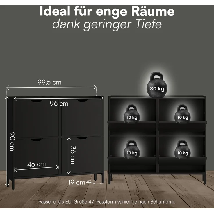 Bellamio 'Ceyhan' Schuhschrank mit 4 Klappen, schmales Schuhregal, schwarz, 100x19x90 cm, Schuhkipper für 8 paar Schuhe – Bild 7