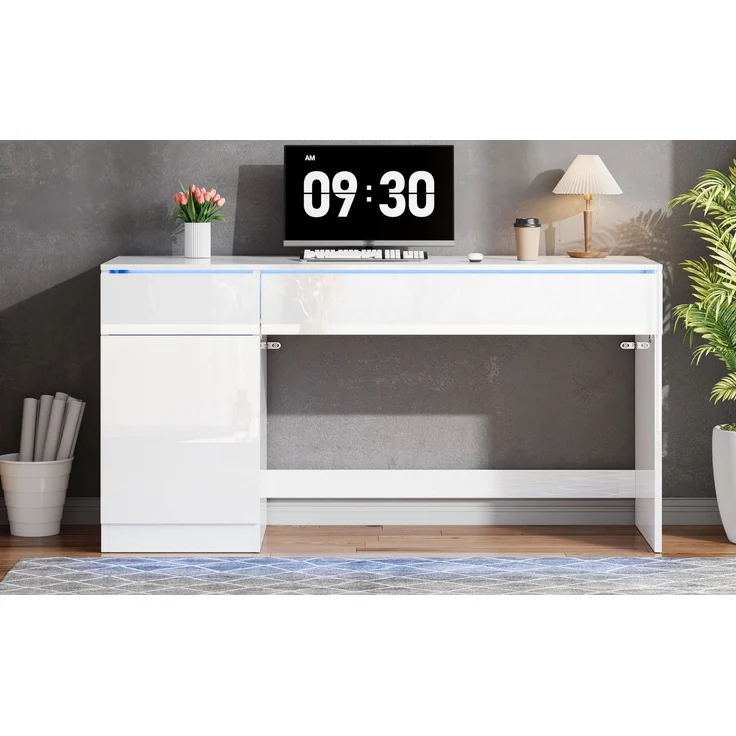 ZUBALIYA Hochglanz Schreibtisch 120 x 50 cm mit LED-Beleuchtung, 2 Schubladen & 1 Tür, großer Computertisch und Schminktisch, Moderner Arbeitsplatz für Homeoffice und Schlafzimmer – Bild 17